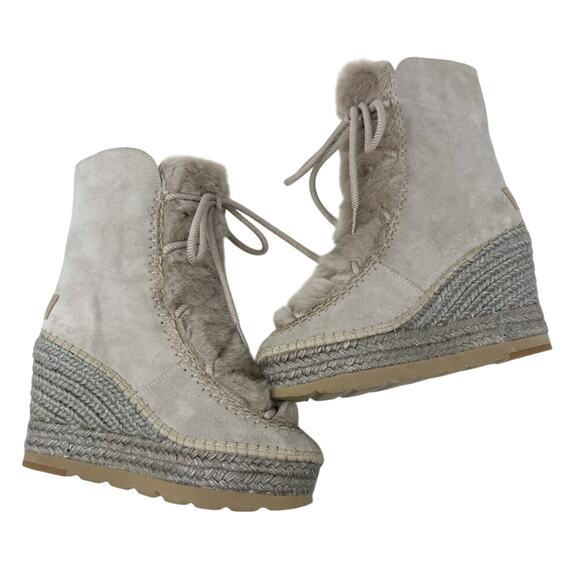 Vidorreta Taupe Suede & Faux Fur Espadrille Boots Size EU 39 Lace Up Wedge Heel - Picture 5 of 9